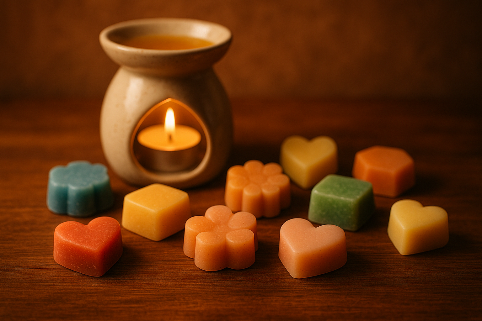 Peux tu me faire une image avec un brule parfum en arriere plan et des fondants en cire autour 